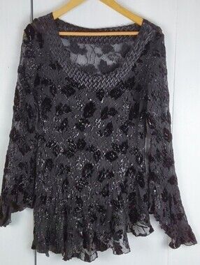 Womens Black Velvet Whimsigoth Metallic Shimmer Burnout  Edgy Fairy Top Sz.L